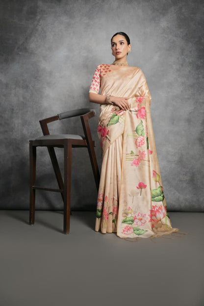 Semi Tussar Silk Floral Saree with Printed Running Blouse – ₹1050