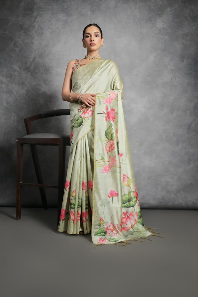 Semi Tussar Silk Floral Saree with Printed Running Blouse – ₹1050
