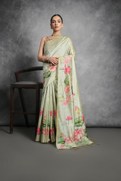 Semi Tussar Silk Floral Saree with Printed Running Blouse – ₹1050