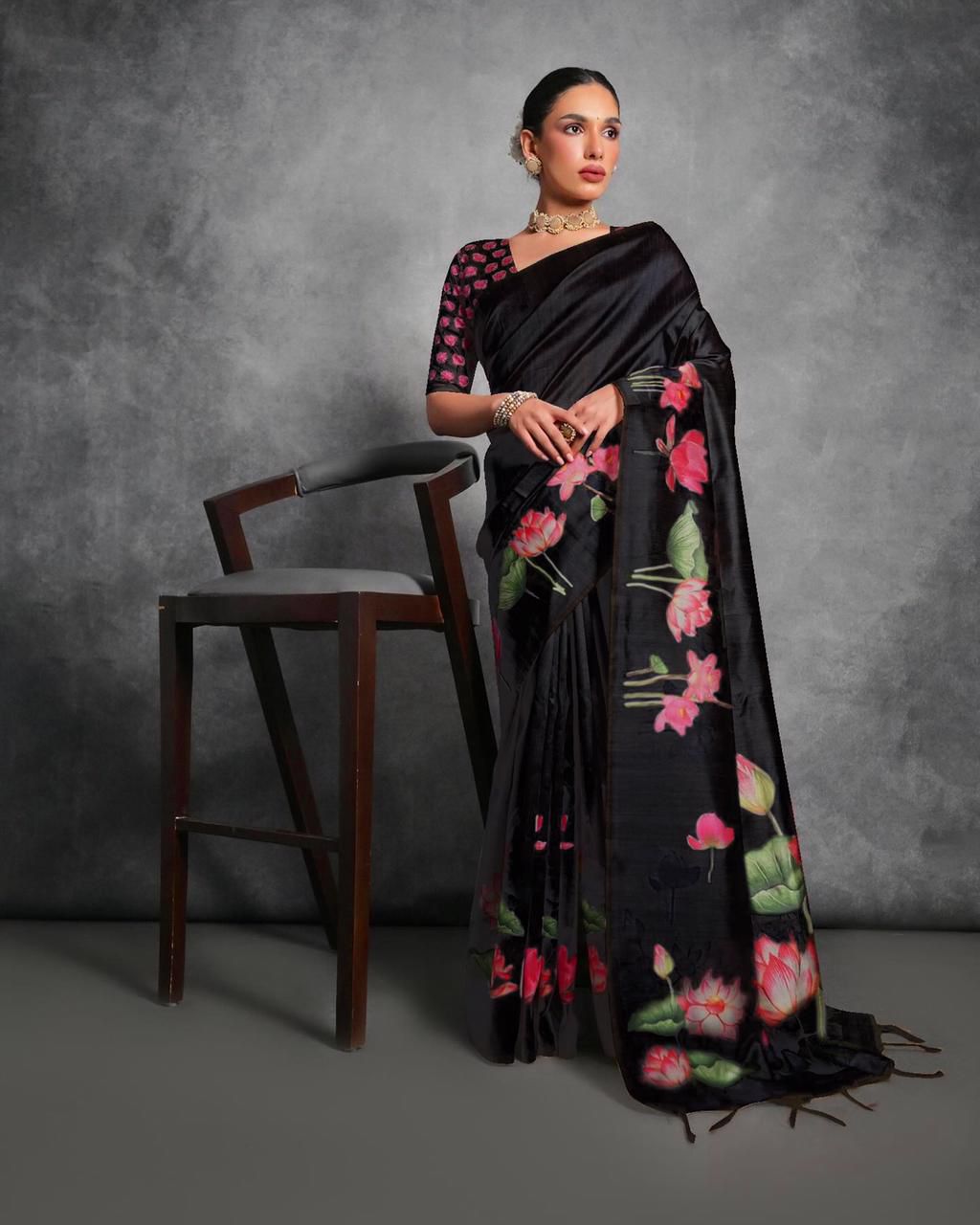 Semi Tussar Silk Floral Saree with Printed Running Blouse – ₹1050