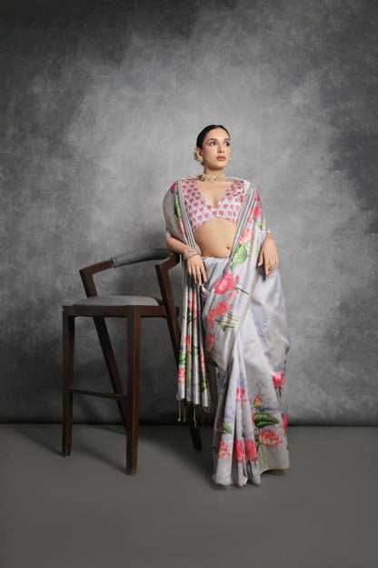 Semi Tussar Silk Floral Saree with Printed Running Blouse – ₹1050