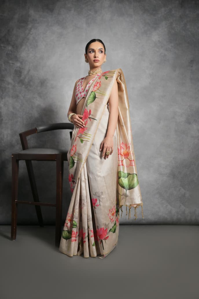 Semi Tussar Silk Floral Saree with Printed Running Blouse – ₹1050