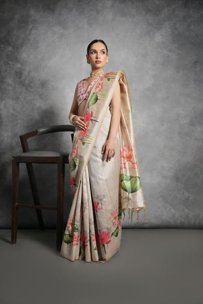 Semi Tussar Silk Floral Saree with Printed Running Blouse – ₹1050
