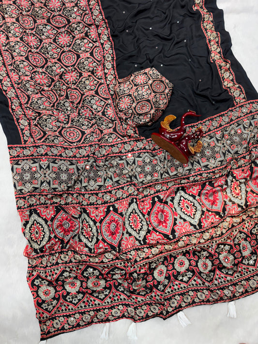Ajrakh Crepe Silk Real Mirror Work Saree – ₹1399