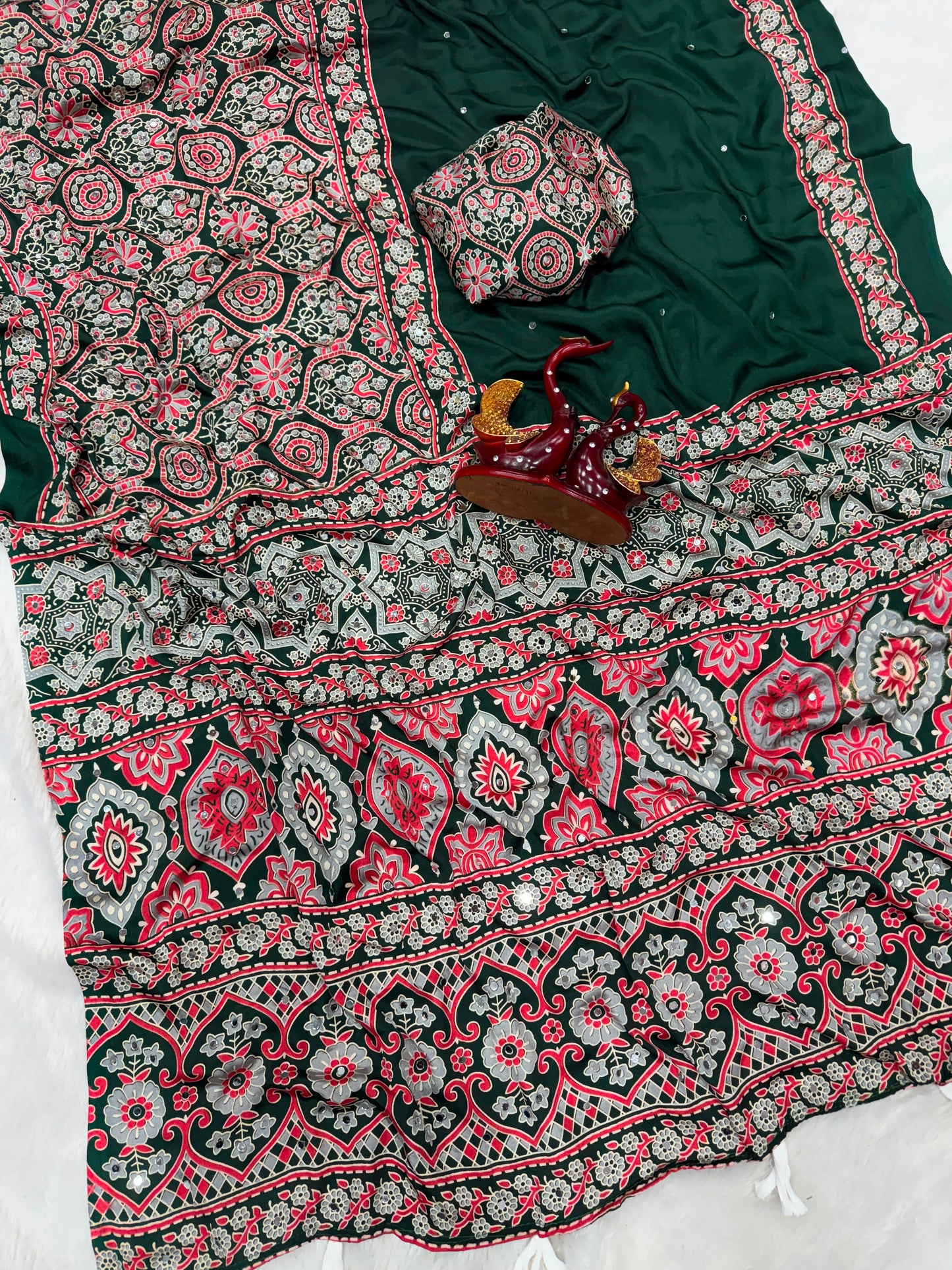 Ajrakh Crepe Silk Real Mirror Work Saree – ₹1399