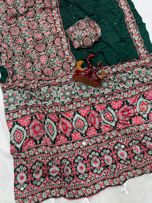Ajrakh Crepe Silk Real Mirror Work Saree – ₹1399