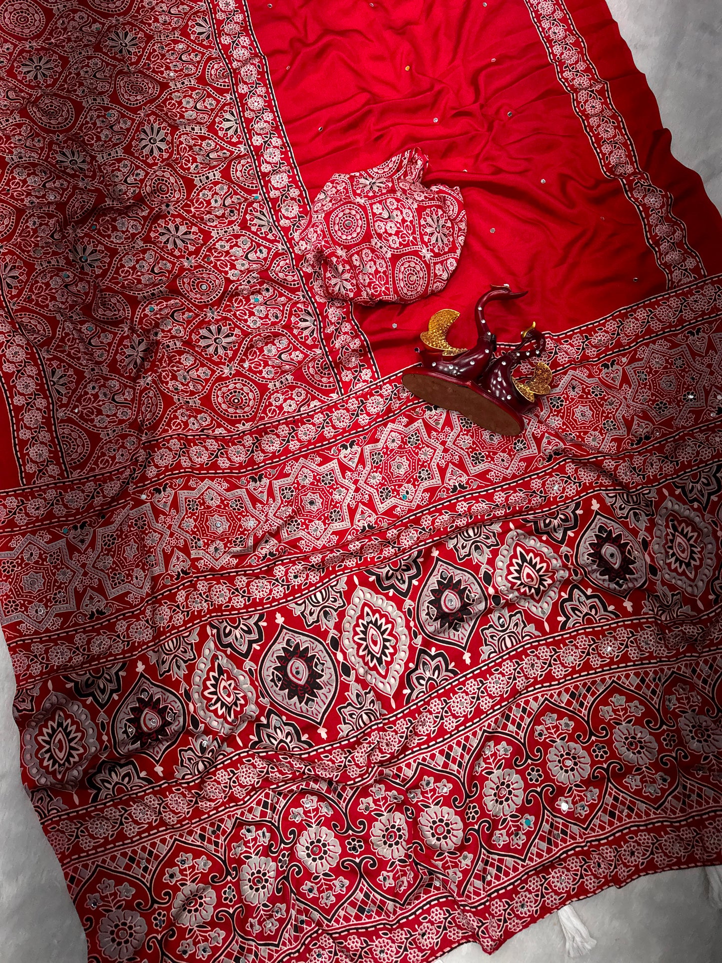 Ajrakh Crepe Silk Real Mirror Work Saree – ₹1399