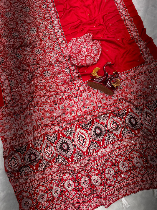 Ajrakh Crepe Silk Real Mirror Work Saree – ₹1399