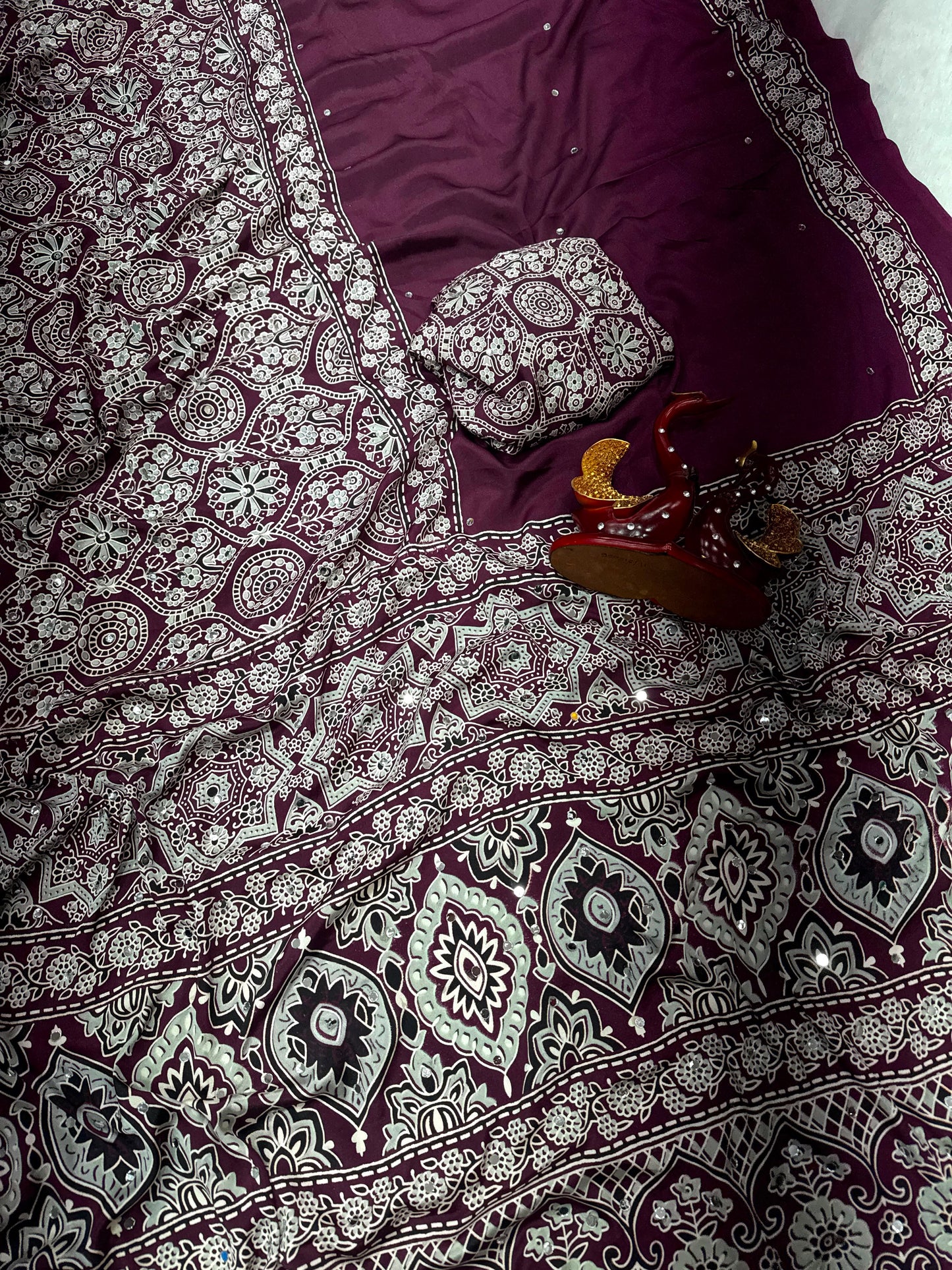 Ajrakh Crepe Silk Real Mirror Work Saree – ₹1399