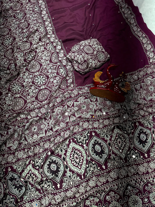 Ajrakh Crepe Silk Real Mirror Work Saree – ₹1399