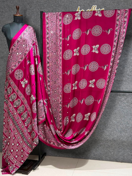 Ajrakh Crepe Silk Real Mirror Work Saree – ₹1399