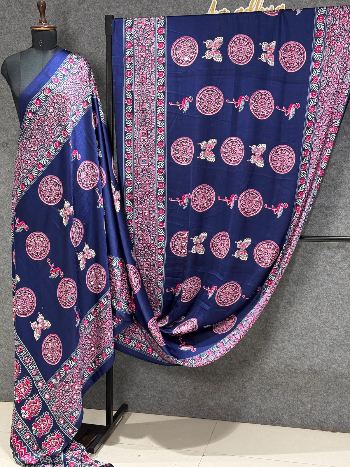 Ajrakh Crepe Silk Real Mirror Work Saree – ₹1399