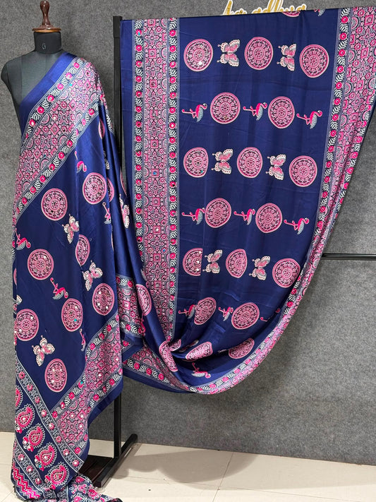 Ajrakh Crepe Silk Real Mirror Work Saree – ₹1399
