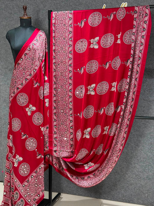 Ajrakh Crepe Silk Real Mirror Work Saree – ₹1399