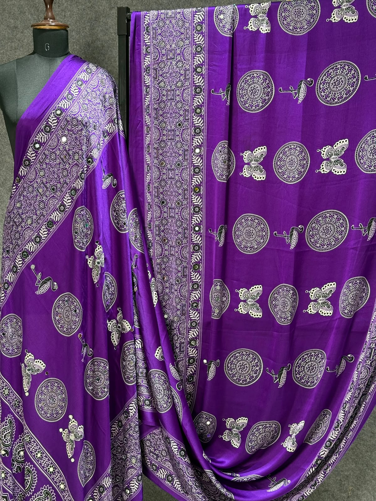 Ajrakh Crepe Silk Real Mirror Work Saree – ₹1399