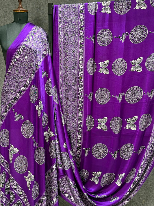 Ajrakh Crepe Silk Real Mirror Work Saree – ₹1399