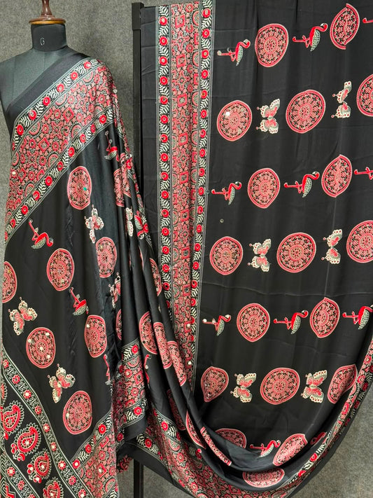 Ajrakh Crepe Silk Real Mirror Work Saree – ₹1399