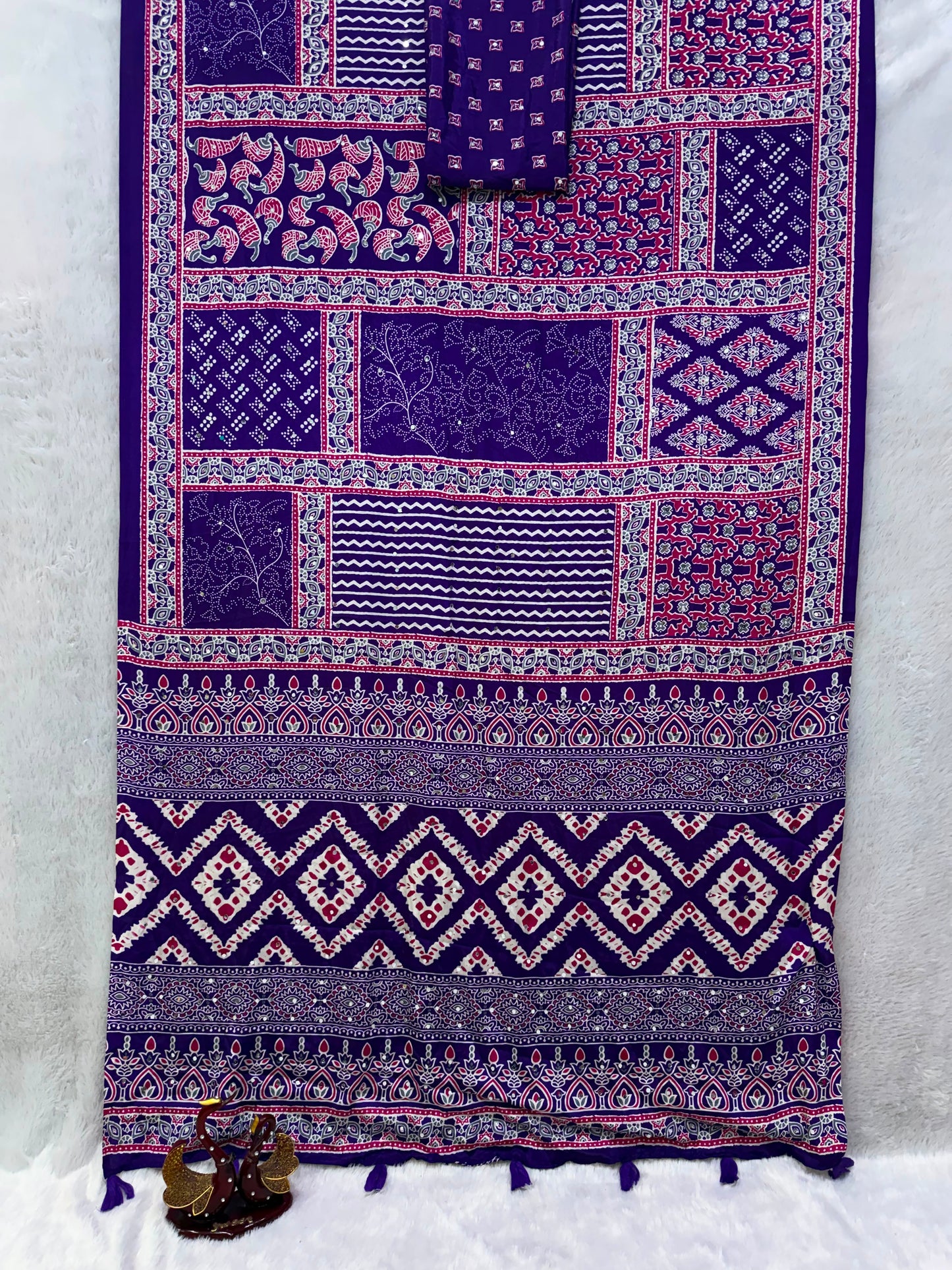 Ajrakh Crepe Silk Real Mirror Work Saree – ₹1399