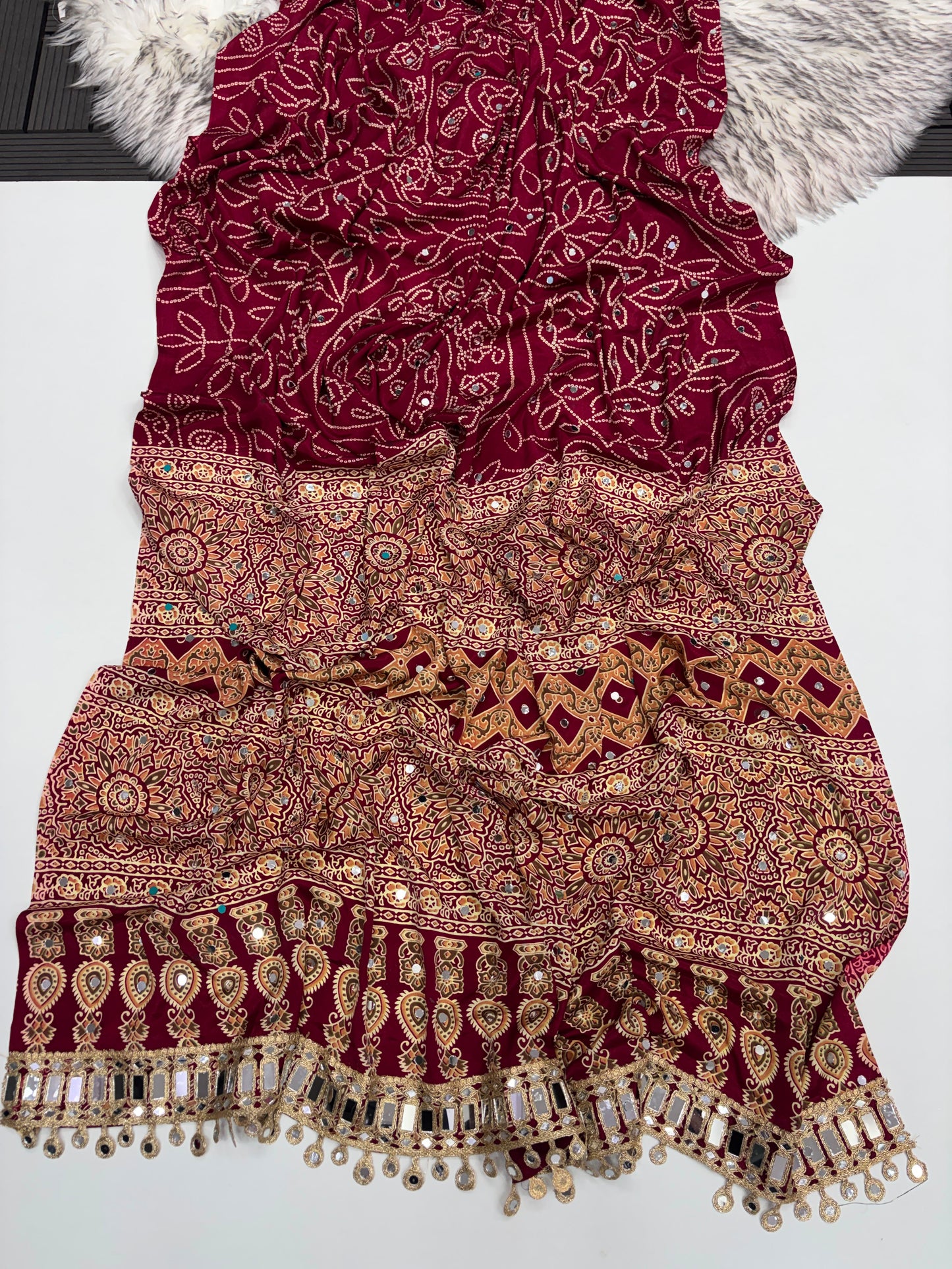 Ajrakh Crepe Silk Real Mirror Work Saree – ₹1399