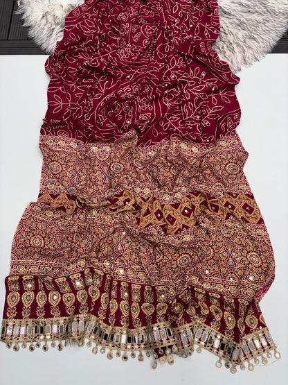 Ajrakh Crepe Silk Real Mirror Work Saree – ₹1399