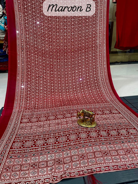 Ajrakh Crepe Silk Real Mirror Work Saree – ₹1399