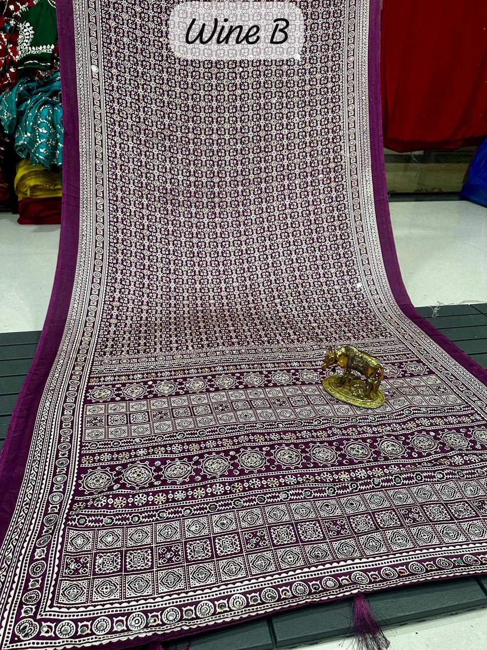 Ajrakh Crepe Silk Real Mirror Work Saree – ₹1399