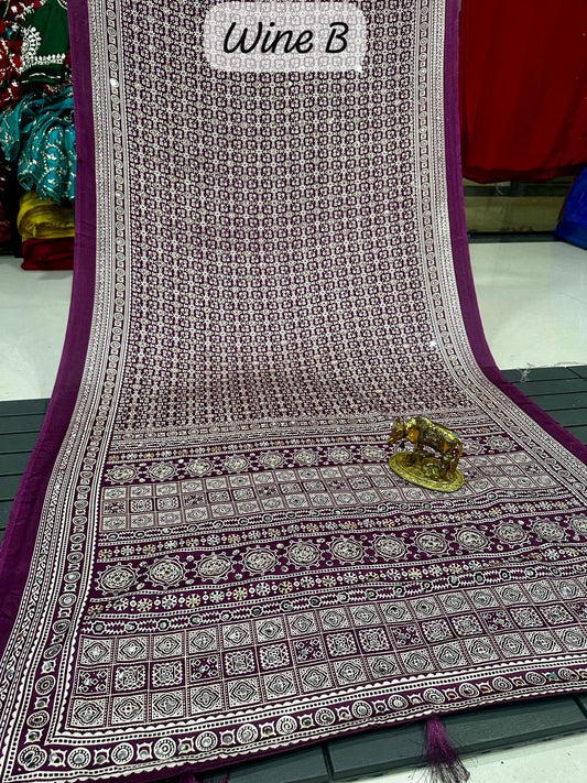 Ajrakh Crepe Silk Real Mirror Work Saree – ₹1399