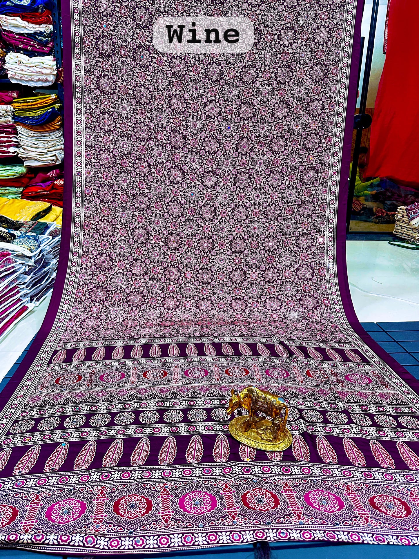 Ajrakh Crepe Silk Real Mirror Work Saree – ₹1399