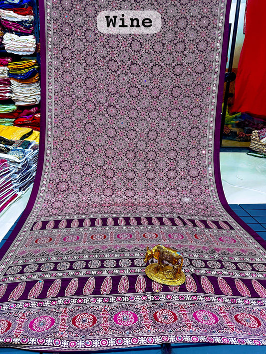 Ajrakh Crepe Silk Real Mirror Work Saree – ₹1399
