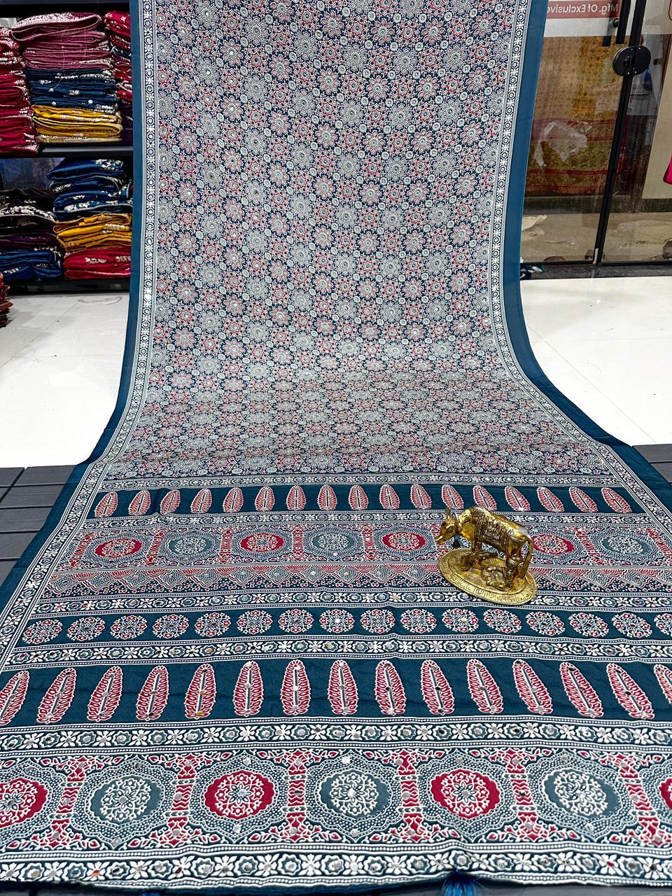 Ajrakh Crepe Silk Real Mirror Work Saree – ₹1399