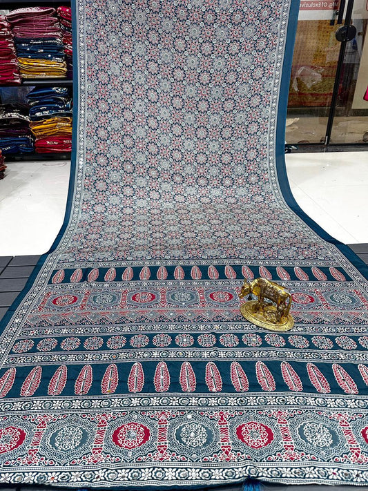 Ajrakh Crepe Silk Real Mirror Work Saree – ₹1399