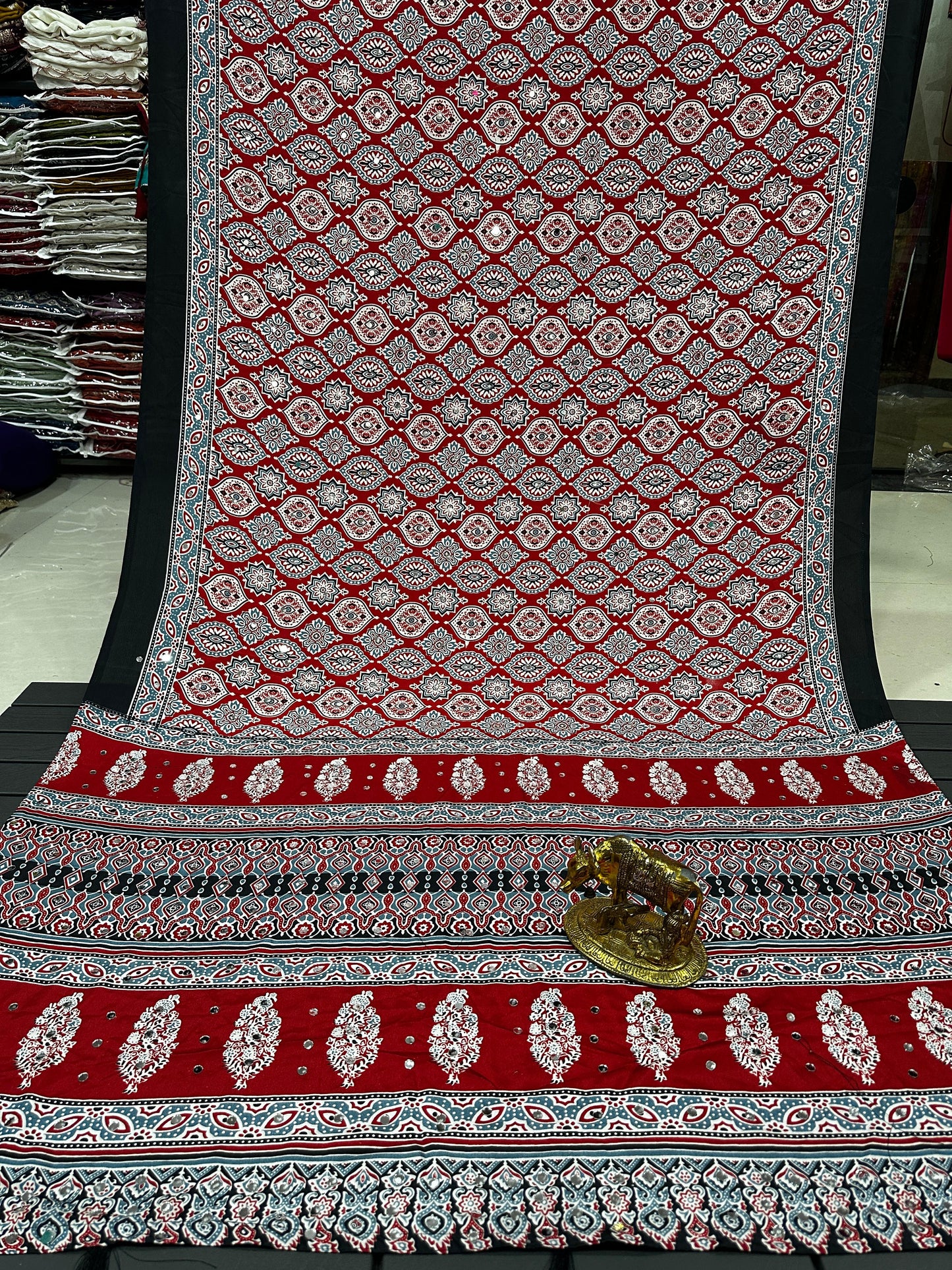 Ajrakh Crepe Silk Real Mirror Work Saree – ₹1399
