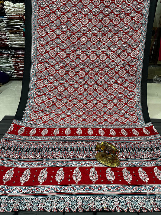 Ajrakh Crepe Silk Real Mirror Work Saree – ₹1399