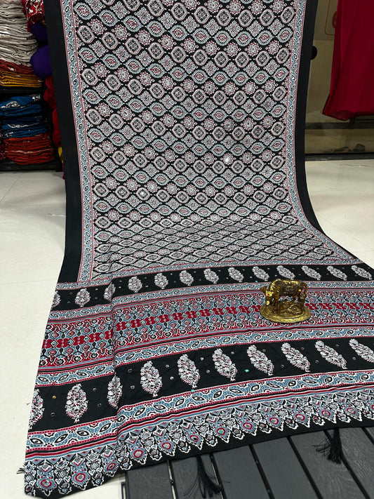 Ajrakh Crepe Silk Real Mirror Work Saree – ₹1399