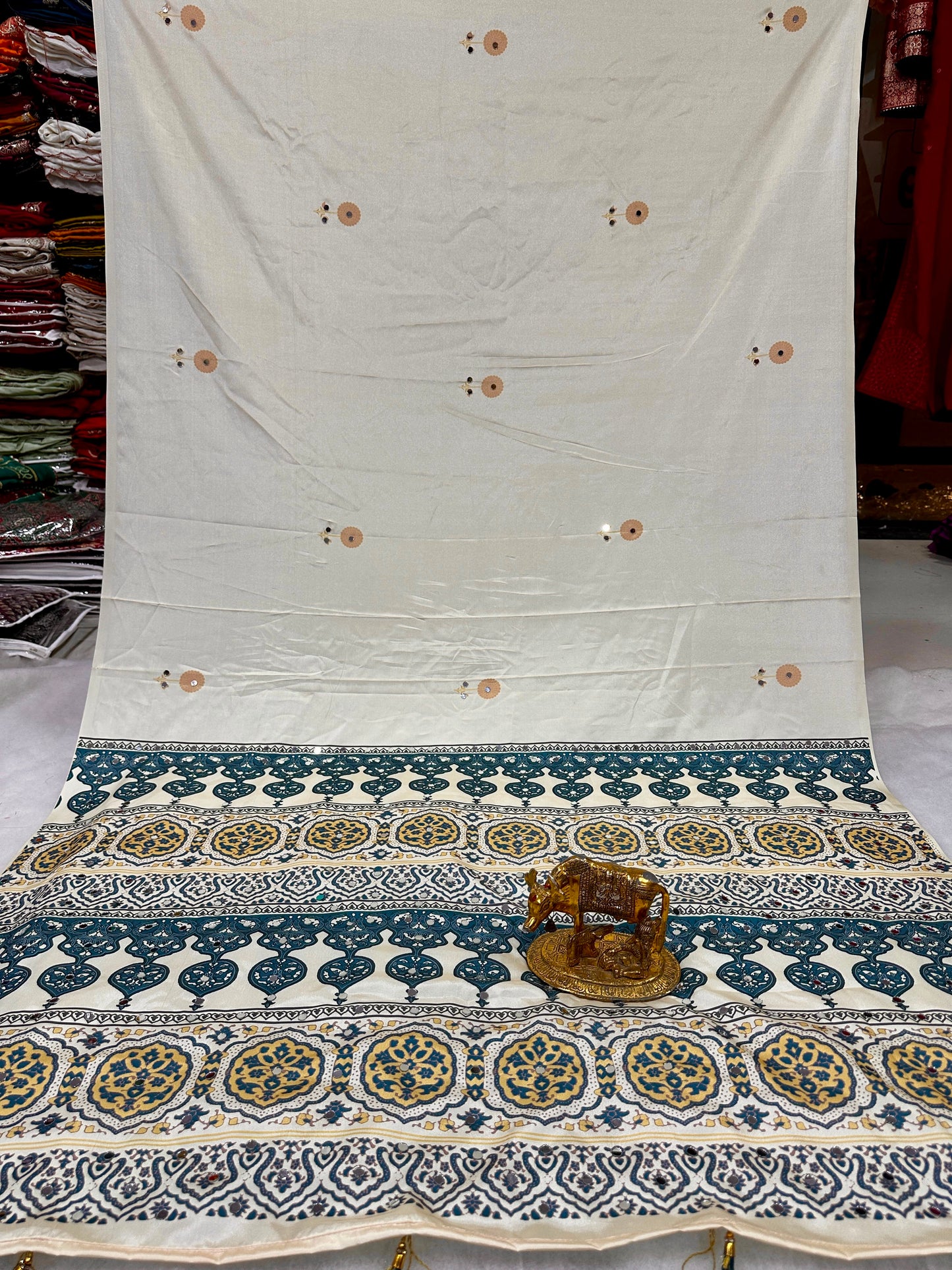 Ajrakh Crepe Silk Real Mirror Work Saree – ₹1399