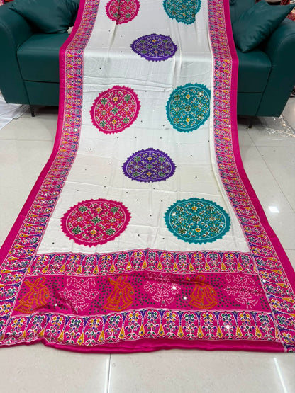 Ajrakh Crepe Silk Real Mirror Work Saree – ₹1399
