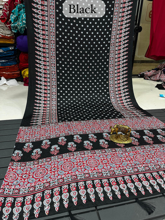 Ajrakh Crepe Silk Real Mirror Work Saree – ₹1399