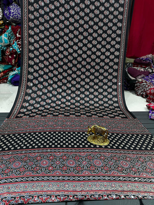 Ajrakh Crepe Silk Real Mirror Work Saree – ₹1399