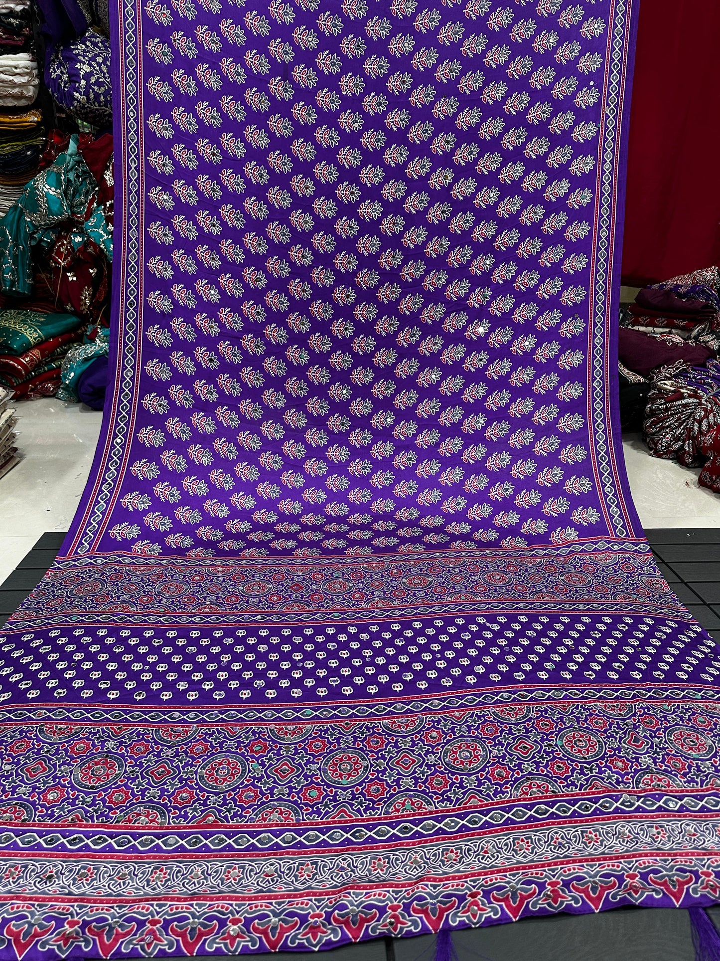 Ajrakh Crepe Silk Real Mirror Work Saree – ₹1399