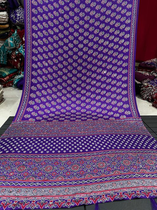 Ajrakh Crepe Silk Real Mirror Work Saree – ₹1399