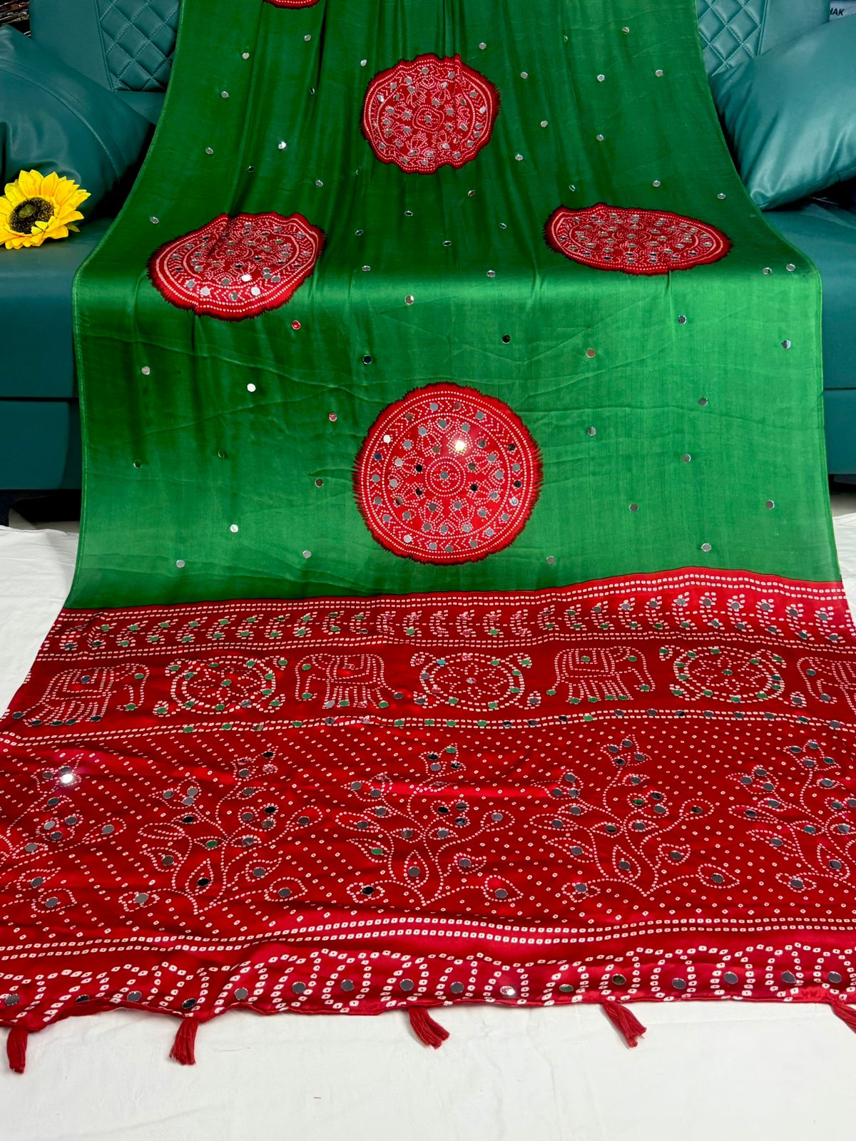 Ajrakh Crepe Silk Real Mirror Work Saree – ₹1399