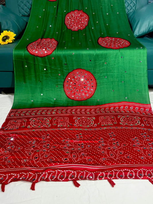 Ajrakh Crepe Silk Real Mirror Work Saree – ₹1399