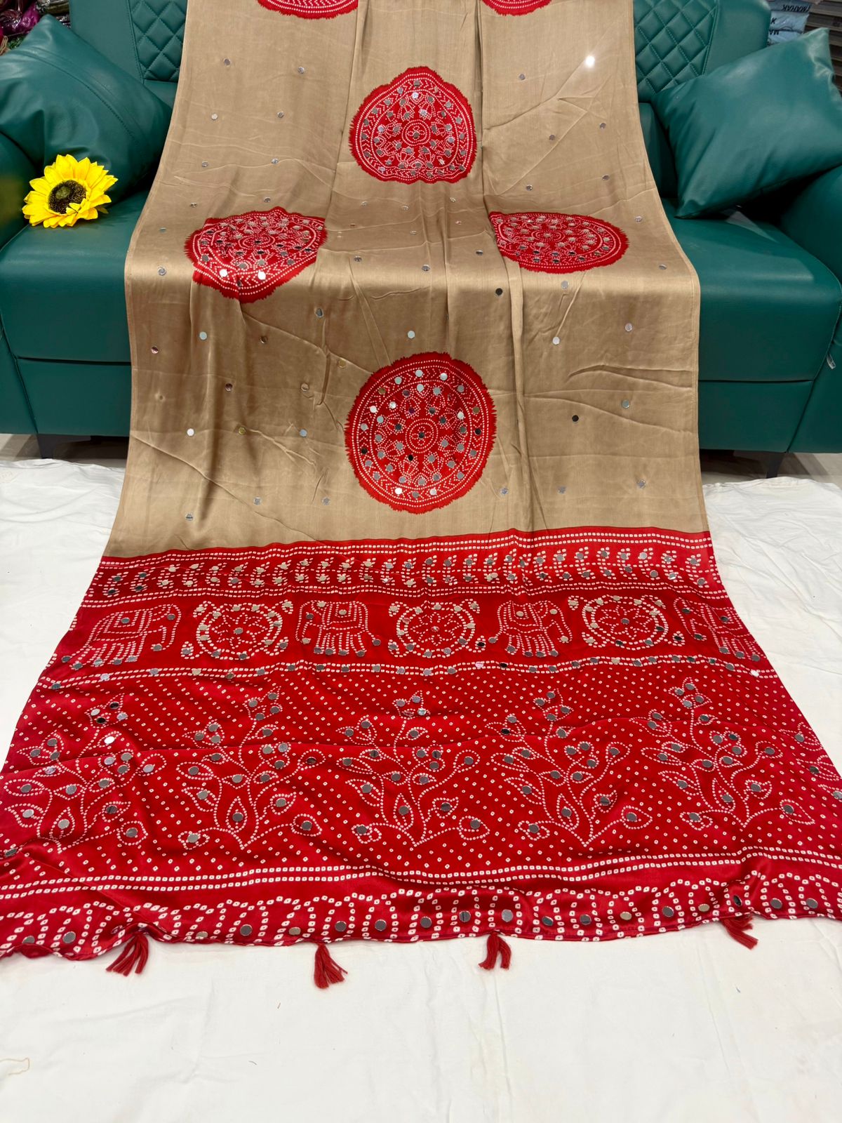 Ajrakh Crepe Silk Real Mirror Work Saree – ₹1399