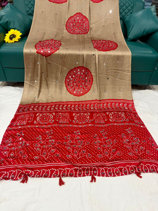 Ajrakh Crepe Silk Real Mirror Work Saree – ₹1399