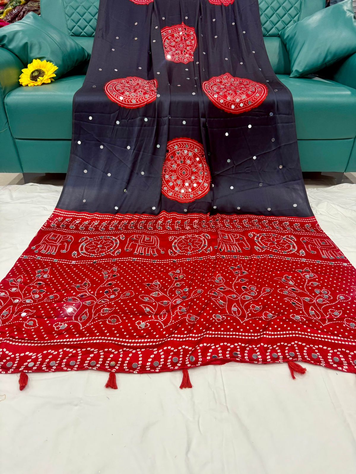 Ajrakh Crepe Silk Real Mirror Work Saree – ₹1399