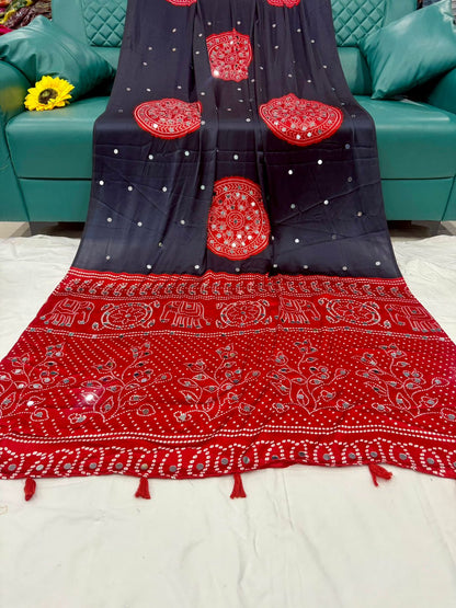 Ajrakh Crepe Silk Real Mirror Work Saree – ₹1399