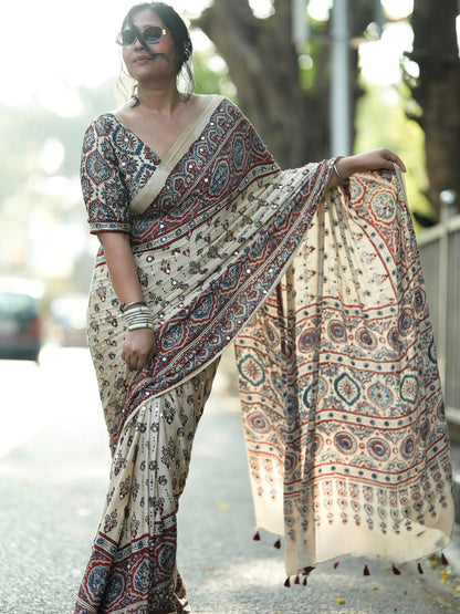 Ajrakh Crepe Silk Real Mirror Work Saree – ₹1399