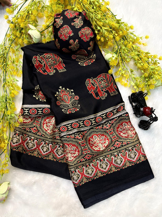 Ajrakh Crepe Silk Saree – ₹899