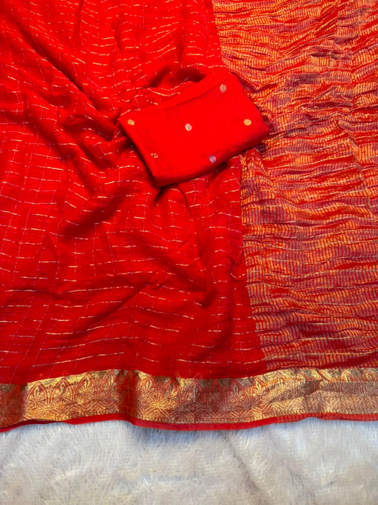 Georgette Viscose Saree with Checked Zari Pattern & Jacquard Silk Blouse – ₹1399