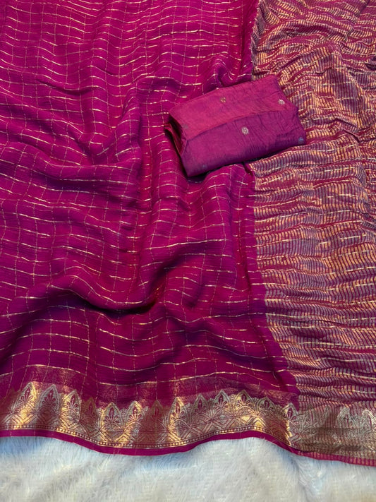 Georgette Viscose Saree with Checked Zari Pattern & Jacquard Silk Blouse – ₹1399